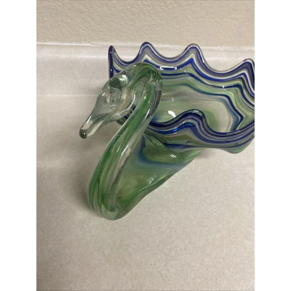 Vintage Green And Blue Swirl Art Glass Swan Bowl